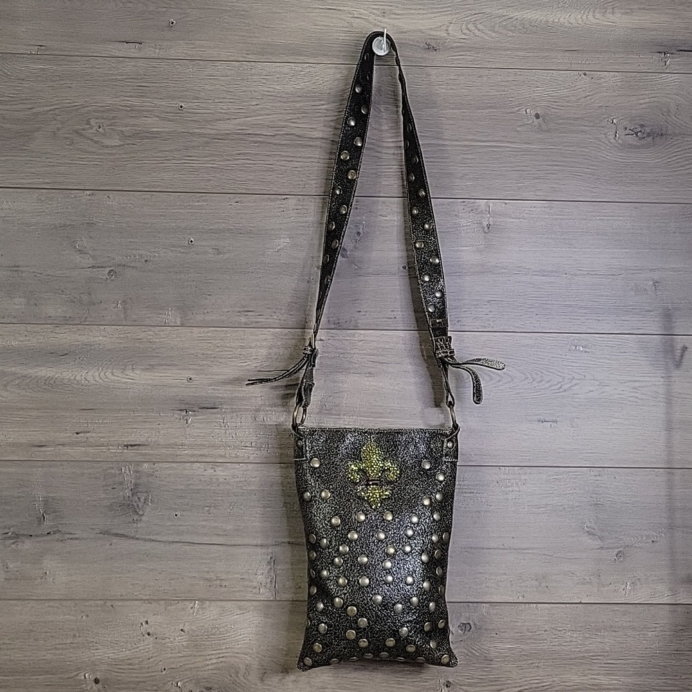 Bridget Shuster Brown Leather Brass Studded Crystal Crossbody Shoulder Bag Purse